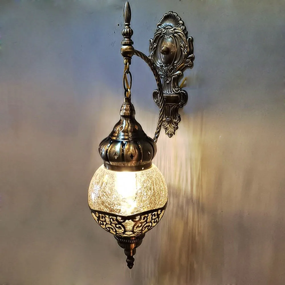 Moroccan Wall Sconce Lamp Turkish Rustic Wall Light Industrial Vintage Handmade Ice-Cracked Globe Glass Wall Lamp Retro Metal
