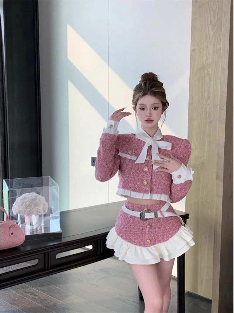 

Temperament Coarse Tweed Jacket Flounce Skirt Two-piece Set Women Korean O-Neck Belt Color Contrast Splice Bright Silk Sweet Set