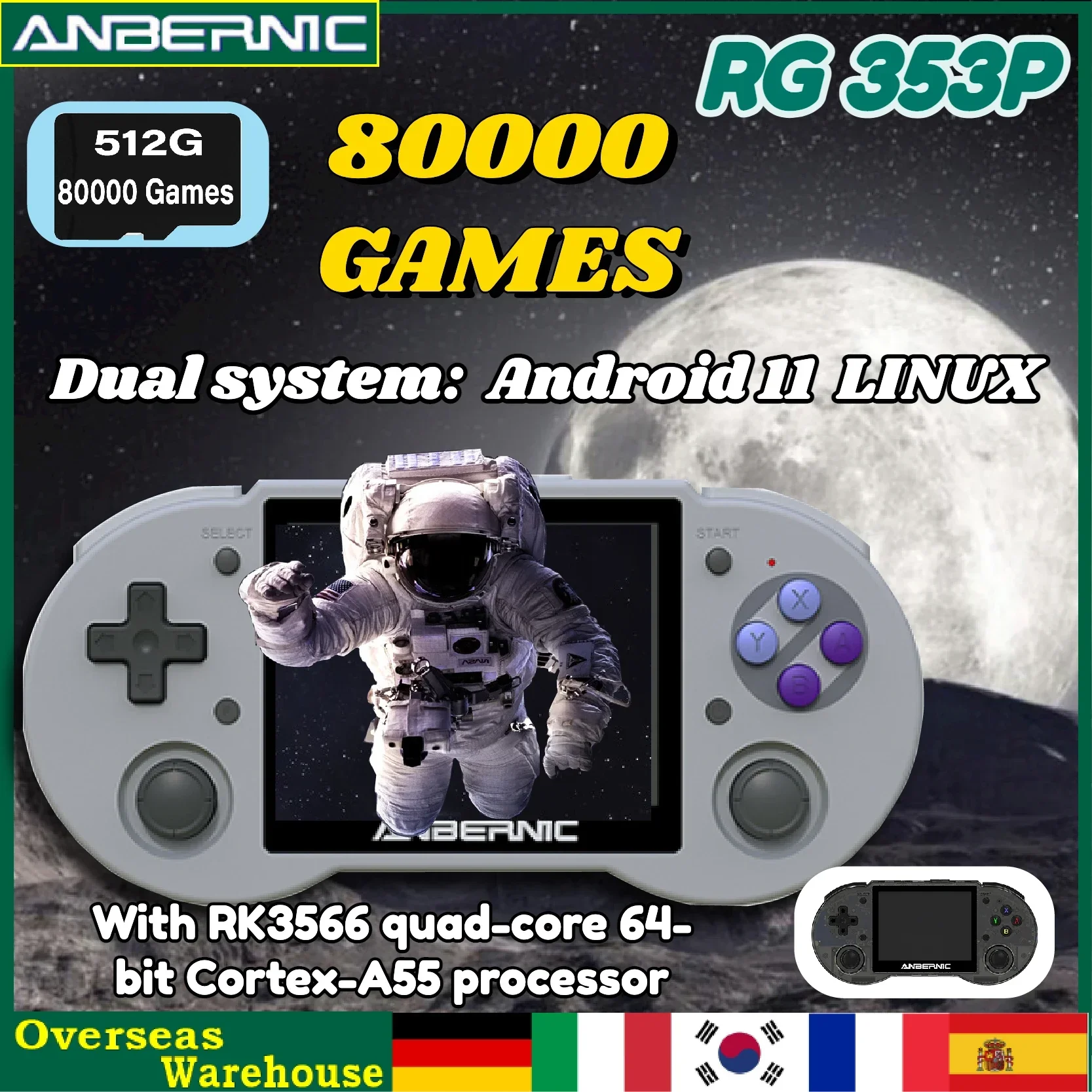 

512G ANBERNIC RG353P Retro Handheld Game Console 3.5 Inch Multi-touch Screen Android Linux System HDMI-compatible 80000 Games