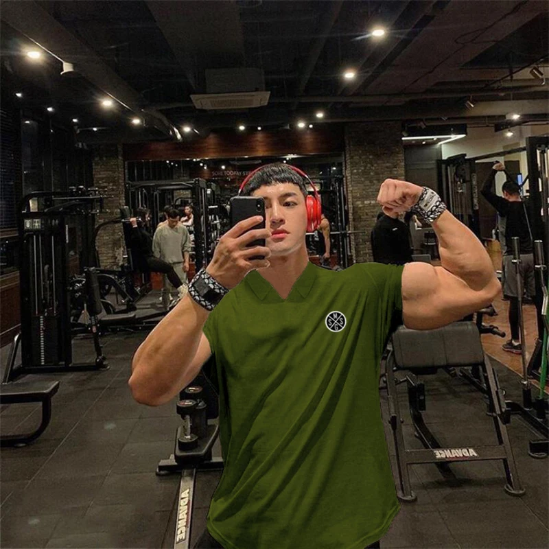 

New Mens Clothing Fashion Polo Short Sleeve Fitness Tshirt Training Comfortable Trend Casual Sports Running V-neck T Shirts