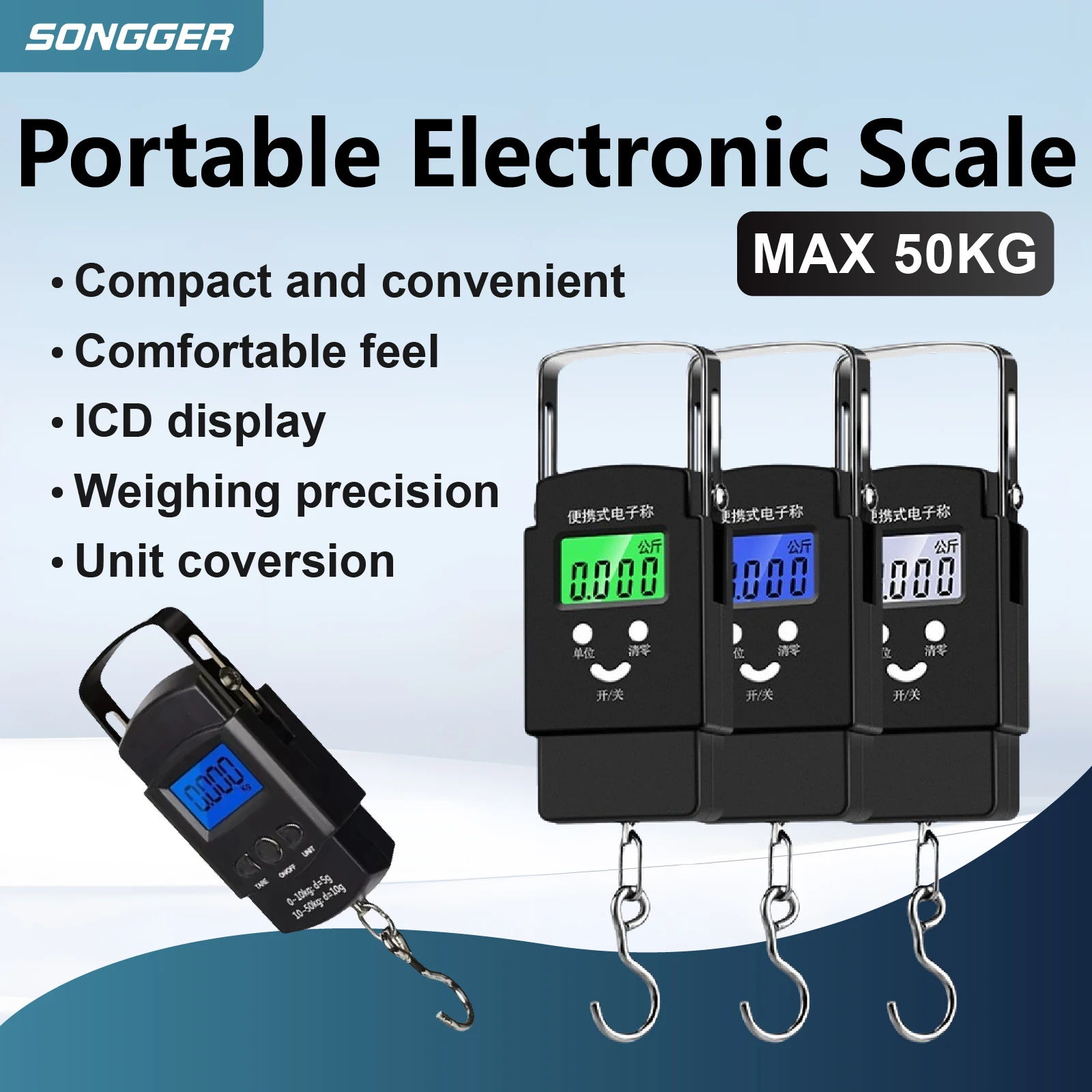 Portable Digital Hanging Luggage Scale with LCD Backlight and Hook - 50kg Capacity