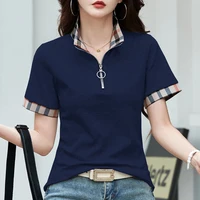T-shirt à carreaux à manches courtes pour femmes, station européenne, col polo, haut en pur coton, mode de luxe abordable, été, nouveau 1