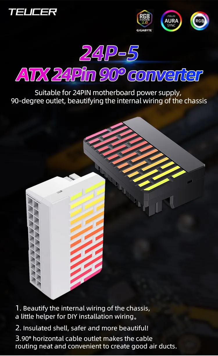 TEUCER ATX 24-pin 90 Degree Power Connector Adapter 5V 3Pin ARGB Female to Male