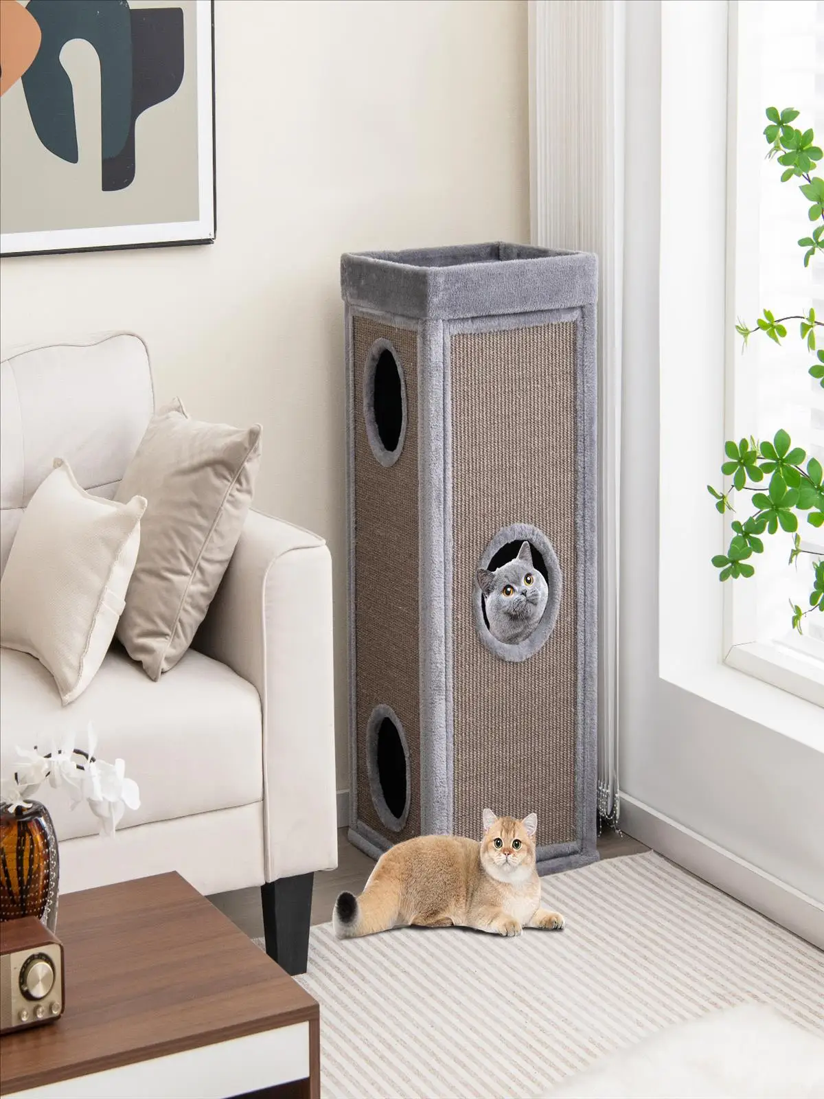 4-stöckiges Katzenfass, Kratzbaum mit Kratzbrett, 3 Katzenhöhlen & Kissen, Spielfass für Katzen bis zu 25 kg – Detail 1