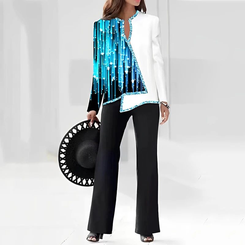 

Spring and Autumn Casual Daily Women Splicing Colorblock Long Sleeve Top and Wide Leg Pants Set Femlea Two Pieces Outfits Style