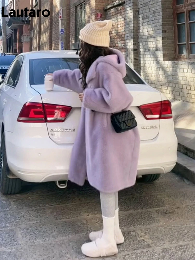 

Lautaro Autumn Winter Oversized Purple Thick Warm Soft Fluffy Faux Lambskin Fur Coat Women with Hood Loose Casual Korean Fashion