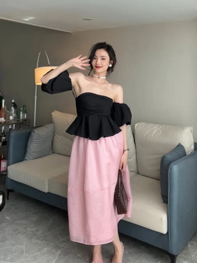 Women's Elegant Puff Sleeve Blouse Top Summer Chic French Style Off Shoulder Strapless Blouse Lady High Street Solid Color Top