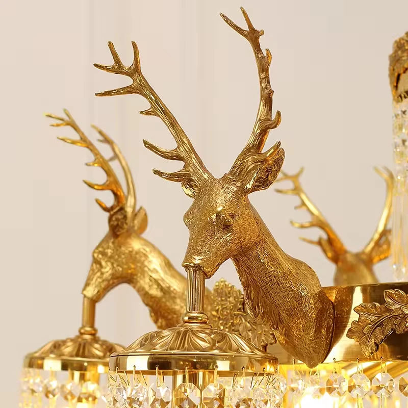 European rococo style full brass lamp k9 crystal shade deer antler fish chandelier centerpieces