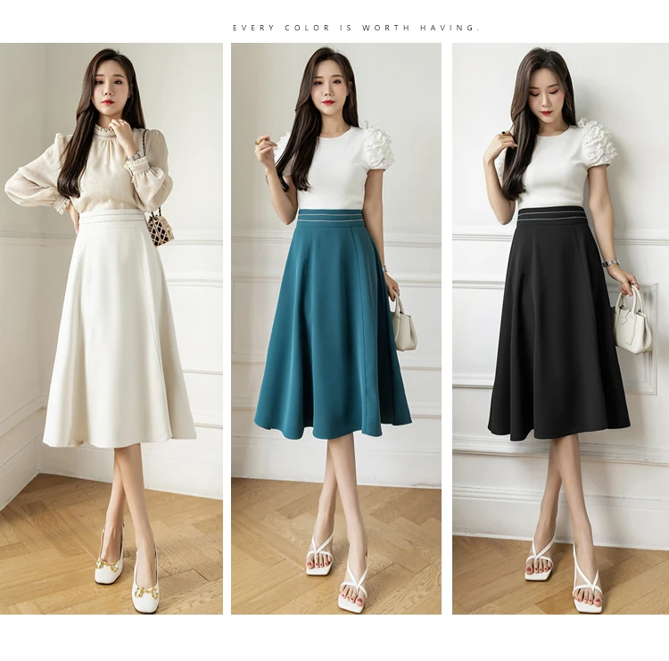 satin midi skirt Elegant Pleated Midi Skirts Womens 2022 Spring Summer Korean Casual Fashion Slim High Waist A-line Skirt Ladies Chic Black Blue leather skirt