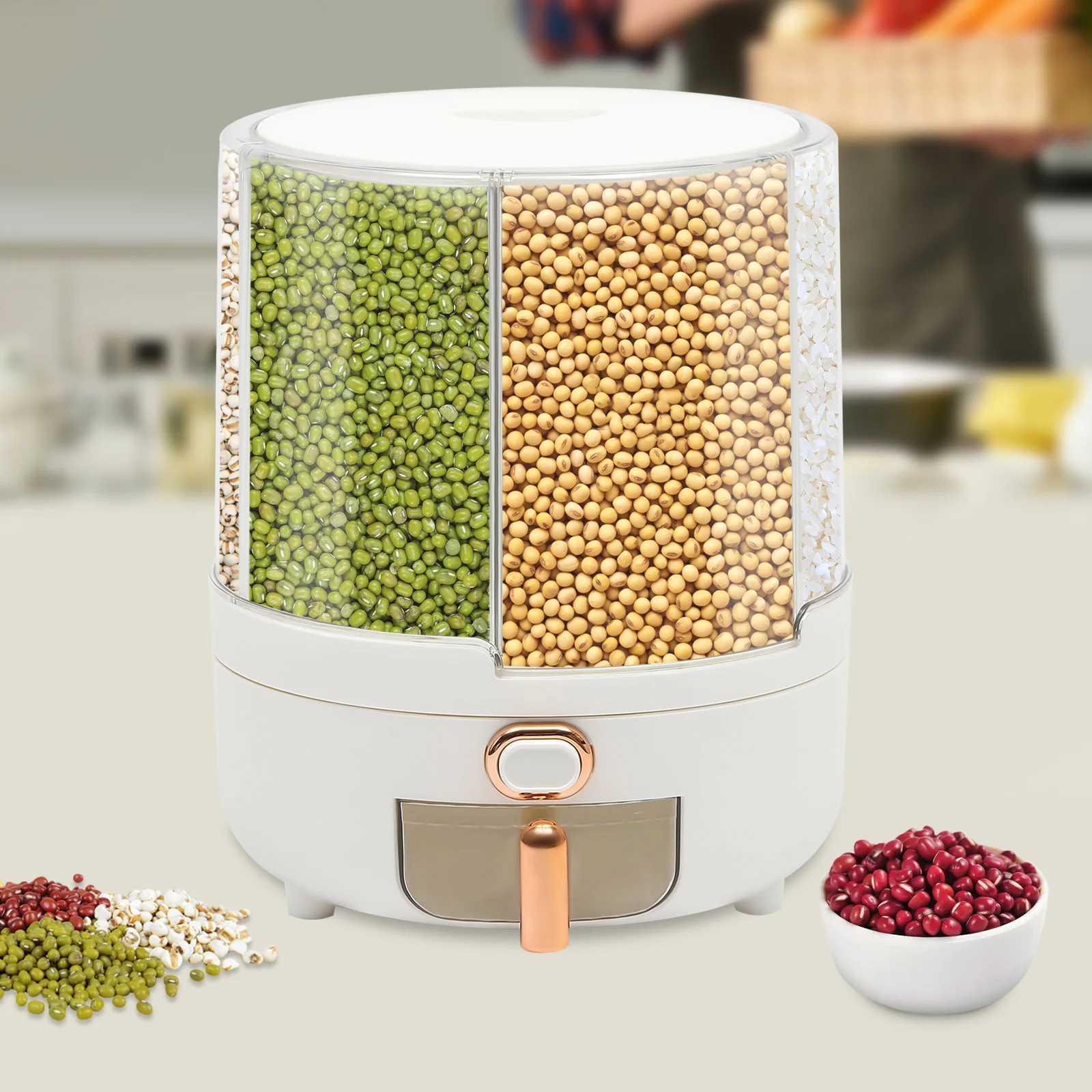 

Rice Dispenser Rotating Dry Food Dispenser Kitchen Grain Storage Container with 6 Compartments Holder for Rice and Beans (White)