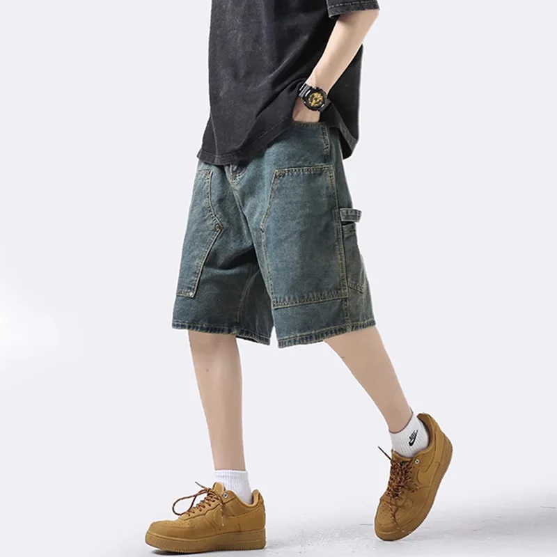 Men Shorts Jeans Blue Cargo Jorts Baggy Denim Summer Y2k Oversize Streetwear Hip Hop Korean Fashion Kpop Clothes Vintage Unisex