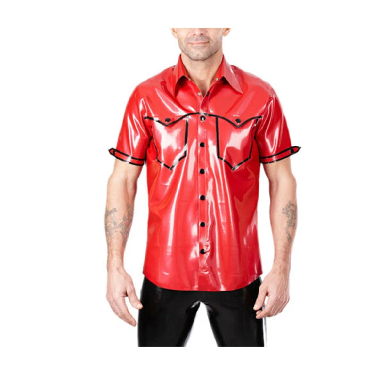 

Latex Catsuit Men's Blouse Short Sleeves Tops Sexy Trims Red Customized 0.4mm