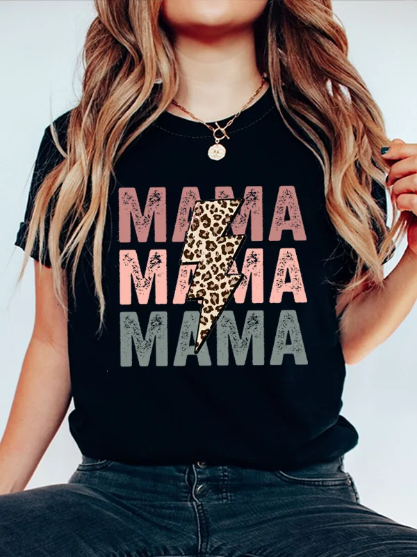 

Mama Overlapped Text Leopard Lightning Print Female Shirt 2024 New Vintage Stylish Casual Hot Sale Mother's Day Female T-shirt