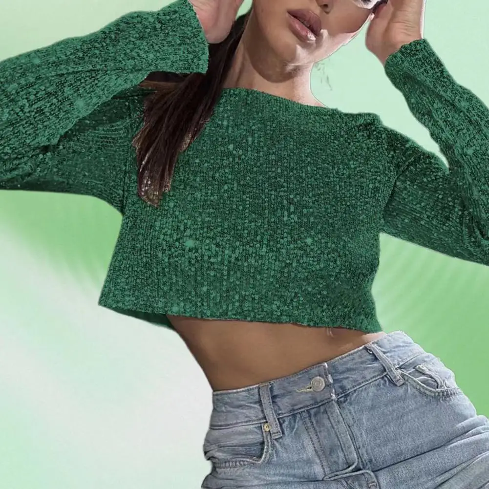 

Elegant Long-sleeve Blouse Sequin O Neck Long Sleeves Crop Top for Women Shiny Waist-exposed Soft Pullover for Stage Show