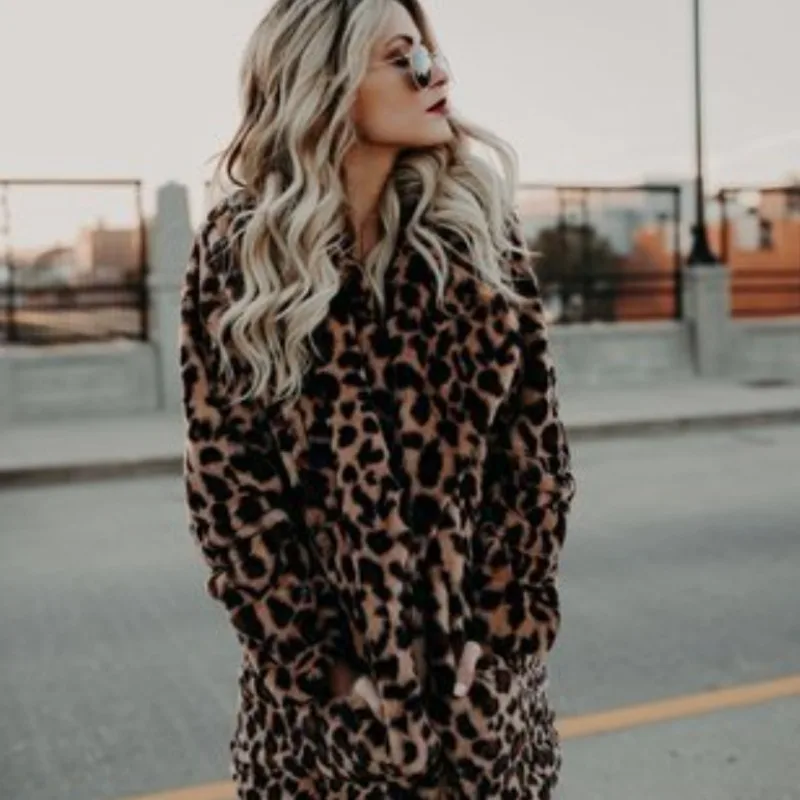 2023 Autumn Winter New Hot Selling Fashion Lapel Leopard Print Loose Long-sleeved Mid-length Commuter Imitation  Fur Coat Women