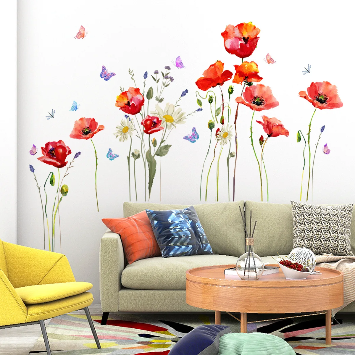 Autocollants muraux fleurs rouges en PVC, 110x70cm, décoration de chambre à  coucher, papillon, pour la maison - AliExpress