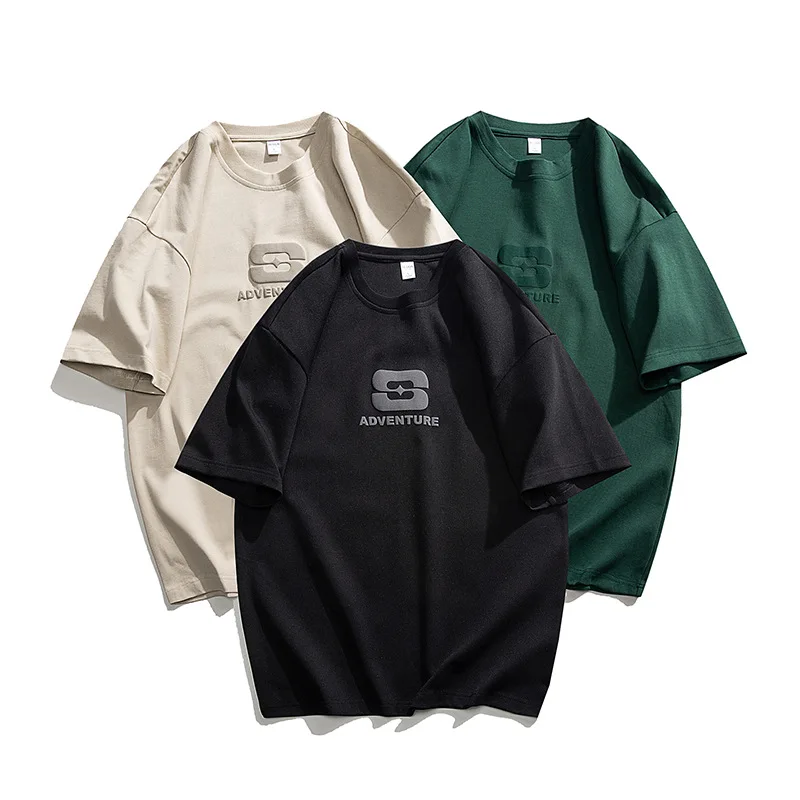 

High-quality trendy brand t-shirt Japanese heavy linen cotton round neck solid color Black t-shirt men's popular short-sleeved