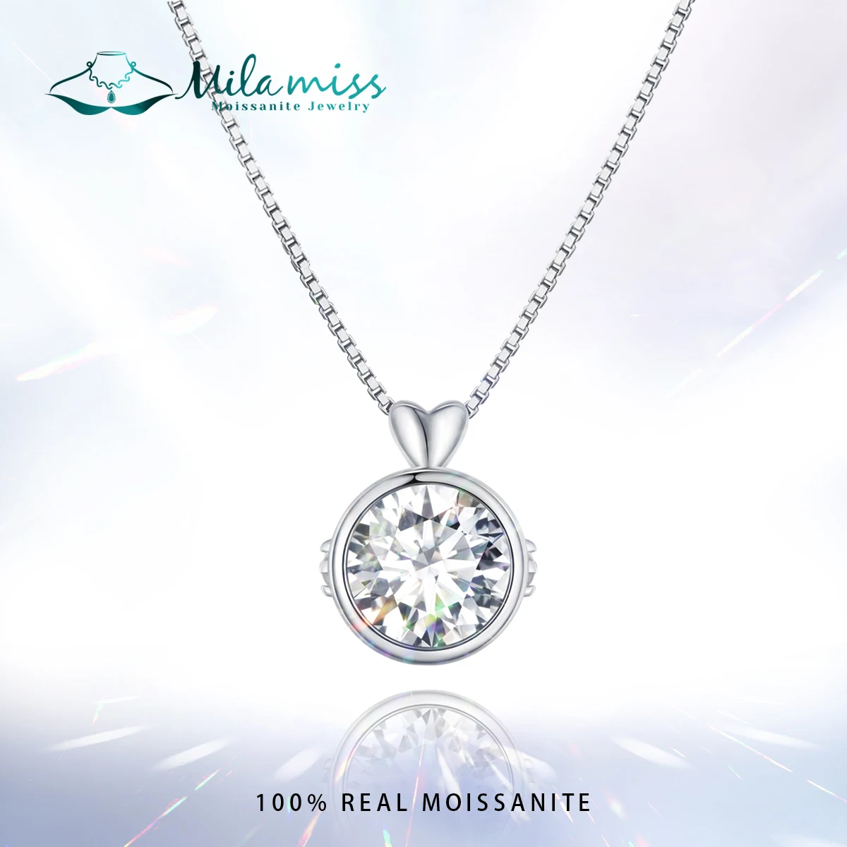 

MILAMISS 925 Sterling Silver Round Moissanite Necklace Heart-shaped Women Pendant Neck Box Chain Engagement Jewelry Gift 1.0CT