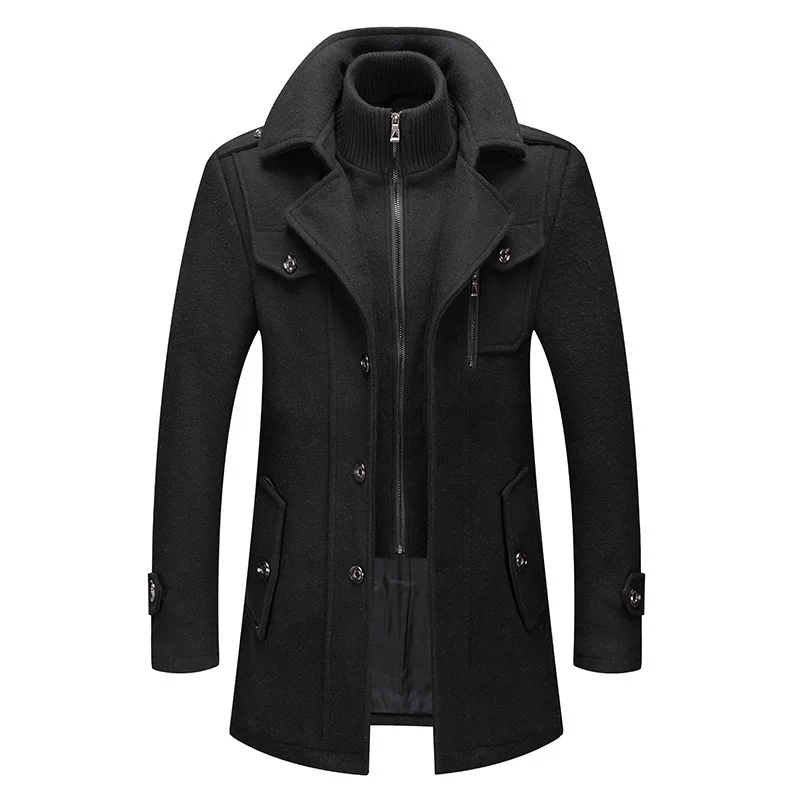 2023 Casual Overcoat for Autumn Winter Men's Jacket Solid Color Fake Two Piece Zipper Buttons Coat Long Sleeves Leisure