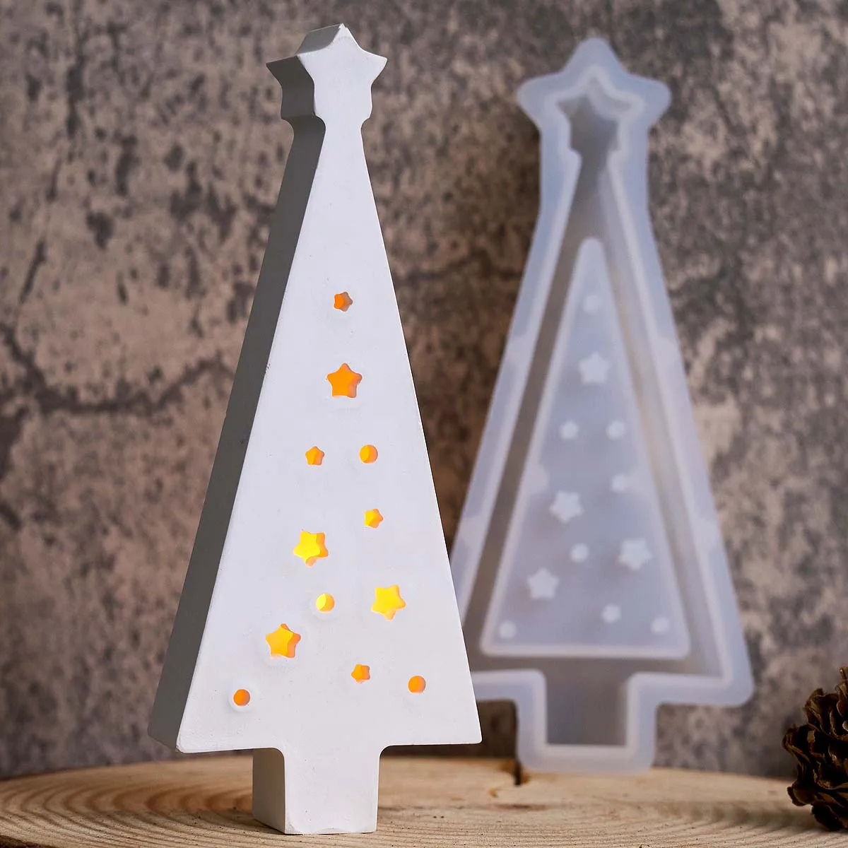 Hollow Design Christmas Tree Silicone Mold LED Night Light Candle Holder Casting Mold Warm Light Xmas Tree Ornament Cement Mold