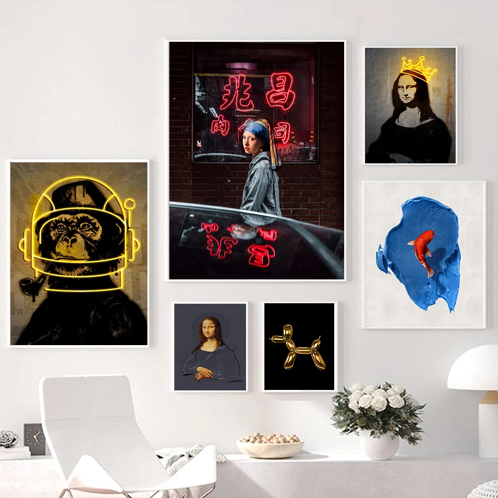 

Canvas Art Prints Funny Mona Lisa Neon Art Painting Monkey Dog Balloon Mural Poster Modern Living Room Home Decoration Cuadros