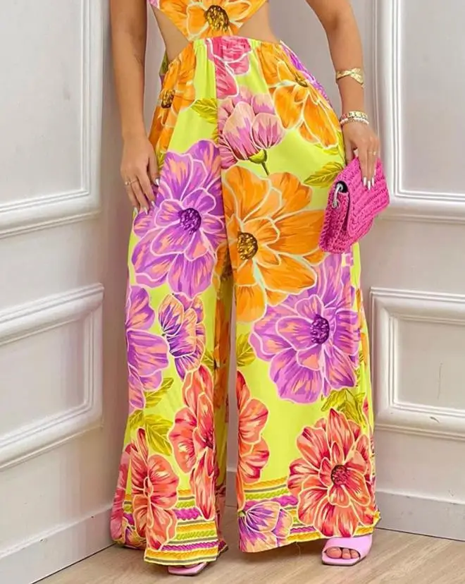 Summer New Elegant Temperament Commuting Women's Casual Sexy Jumpsuit Floral Print Halter Cutout Wide Leg Jumpsuit ﻿ ﻿
