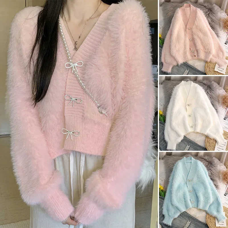 

Women Elegant Sweaters Luxury Mink Fleece Knitting Cardigan Female Korean Fashion Coat Loose Thick Warm Spring Autumn Top Jacket