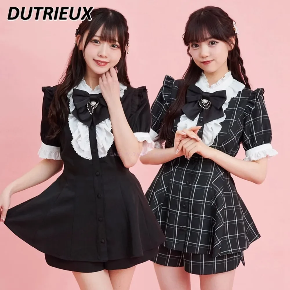 Japanese Lolita Mine College Style Short Sleeve Slim Fit Shirt Lace Placket Dress and Base Shorts Two Piece Suit with Bow Tie