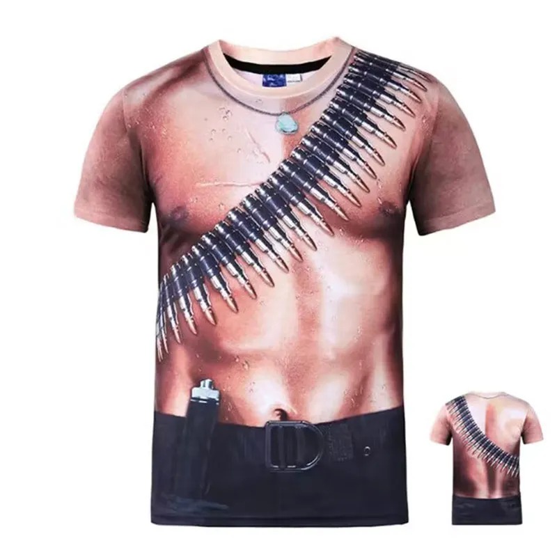 

Summer New Beefy Muscle Men's T-shirt, Personality Tough Guy 3d Tattoo Three-dimensional Pattern Tide Crew Neck Short Sleeve Top