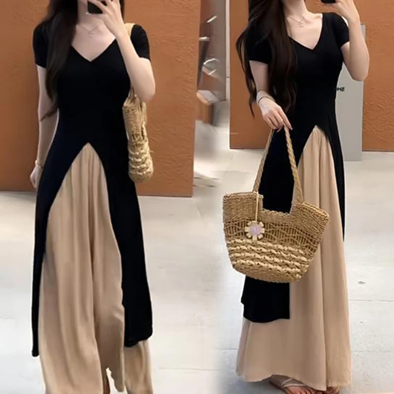 Two-piece women's 2024 summer plus size women's slim temperament wind black coat split waist slim wide-leg pants.