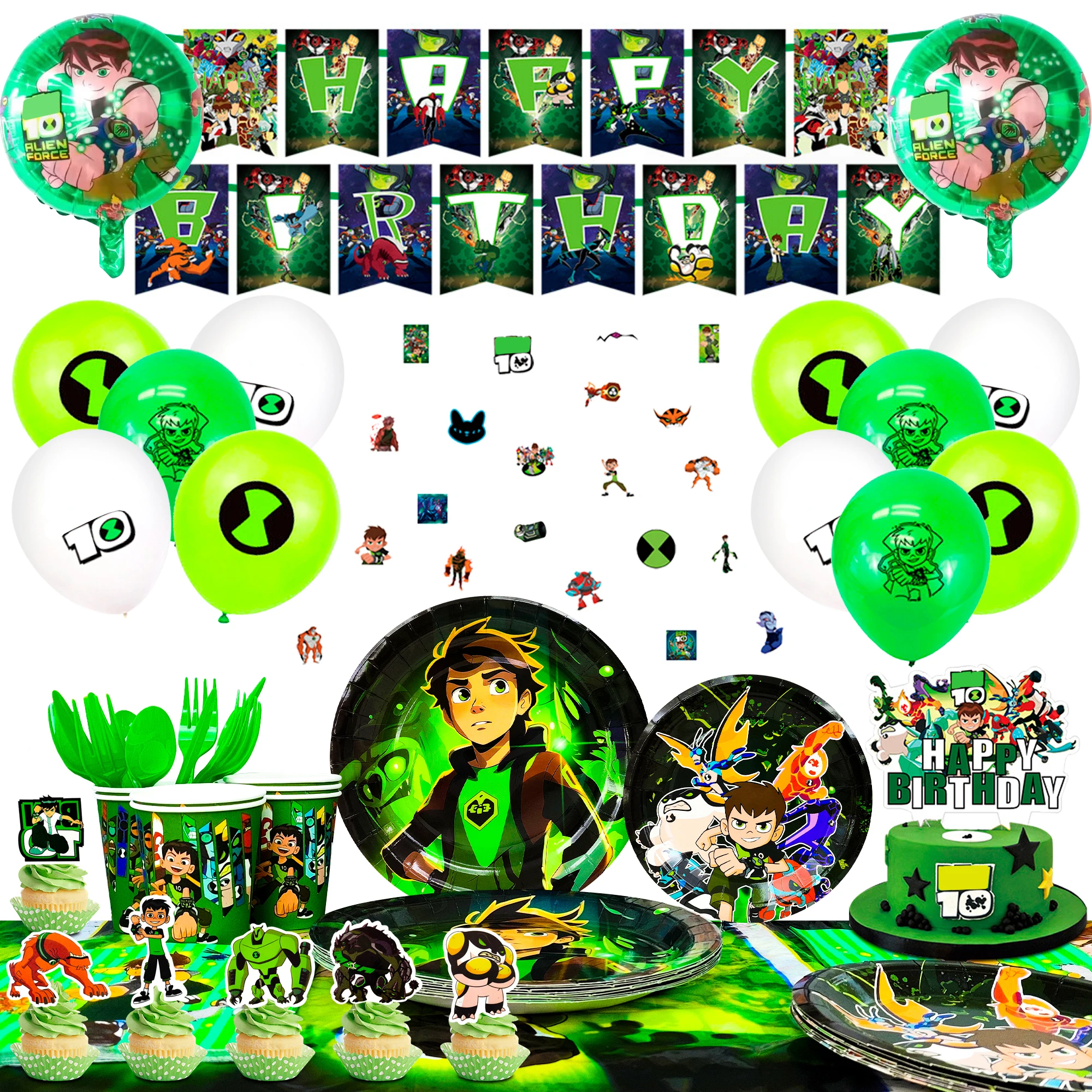 Ben-10 Themed Birthday Party Supplies,163pcs Cartoon 10 Party  Decorations\u0026Tableware Set - Decorations Banner Balloons Plates etc -  AliExpress, image size:2000x2000