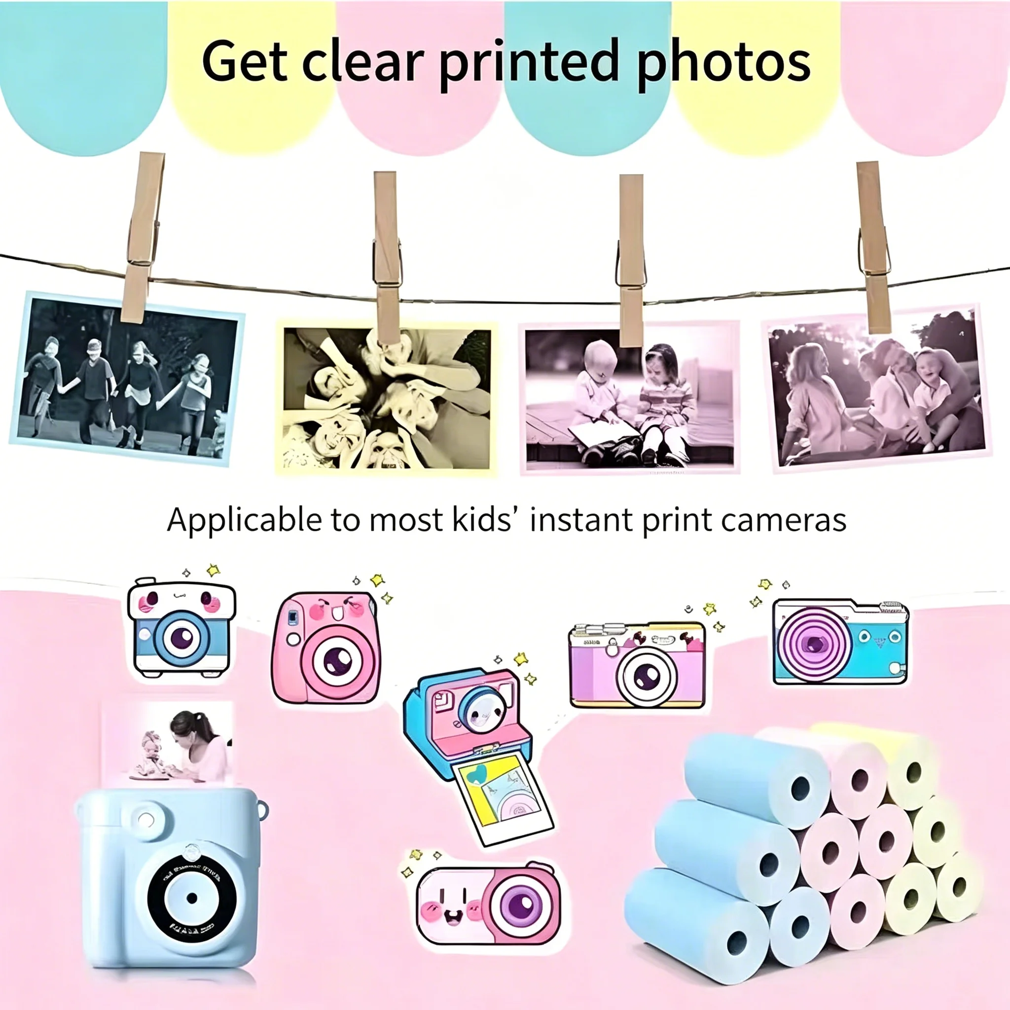 3-40 롤 57x25MM 컬러 감열지 어린이 카메라 인스턴트 인쇄 어린이 카메라 인쇄 용지 교체 액세서리 부품