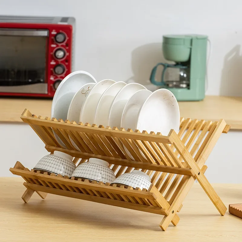 Folding Bamboo Dish Drainer Utensil Drying Rack Holder Wooden Plate Storage Rack Kitchen Space-Saving Dish Organizer