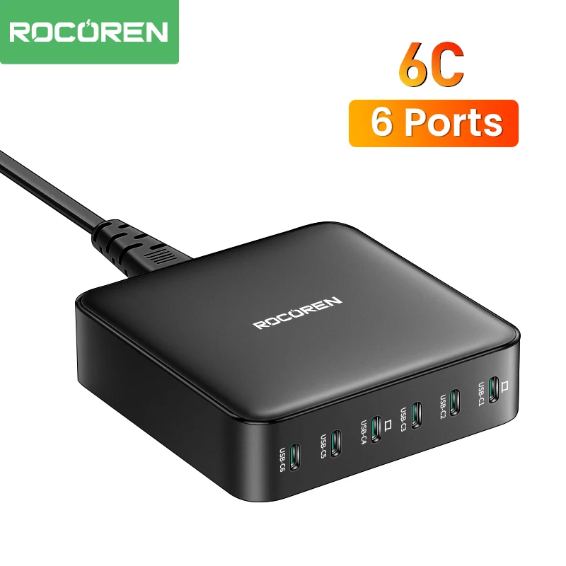 

Rocoren 150W Fast Charge Charger USB Type C High Speed Charger Multiple 6 Ports Desktop Power Strip For iPhone Samsung S23 Ultra