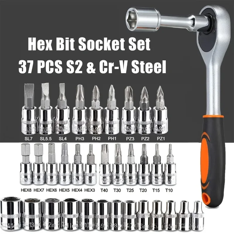 Drive Socket Set 46pc 1/4 inch Ratchet Wrench Set Sockets Metric Hex Bit Socket Mechanic Tool Kits Hous Auto Repair