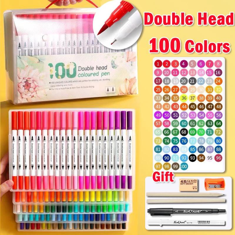 

100pcs Color Marker Double-headed Marker Set Sketch Graffiti Watercolor Comic Highlighter Art Painting Korean Stationery