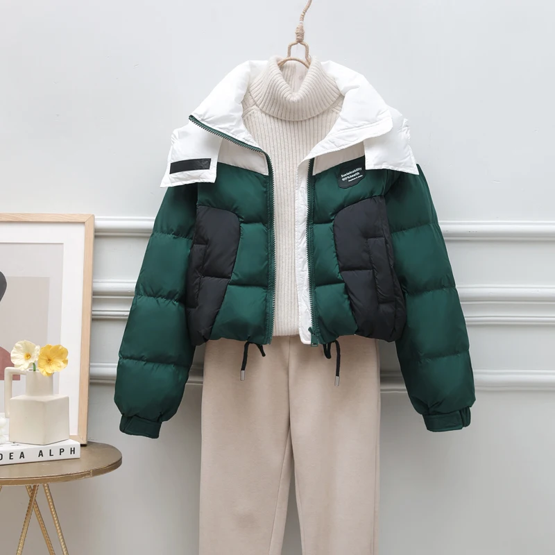Casual Short Contrast Color Down Jacket Female 2023 New Winter Clothes Korean Fashion Stitching Long Sleeve Puffer Jacket Women
