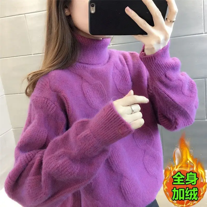 

Autumn and Winter Women's Solid Turtleneck Long Sleeve Loose Pullover Warm Knitted Sweater Fashion Casual Office Lady Tops