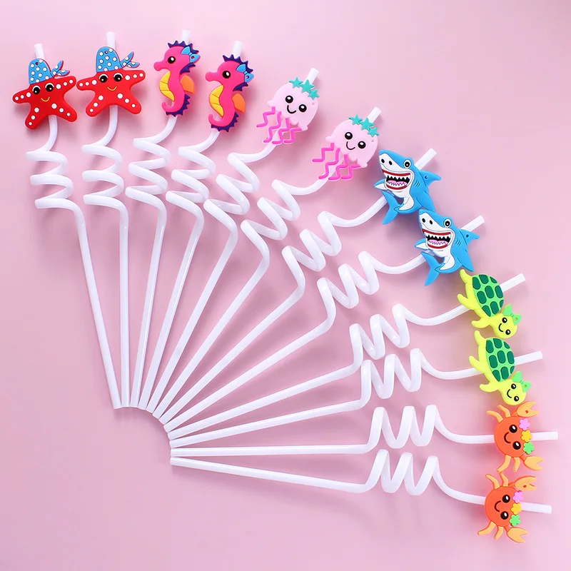 Set of 12 Reusable Spiral Straws with Adorable Marine Animal Caps - Perfect
