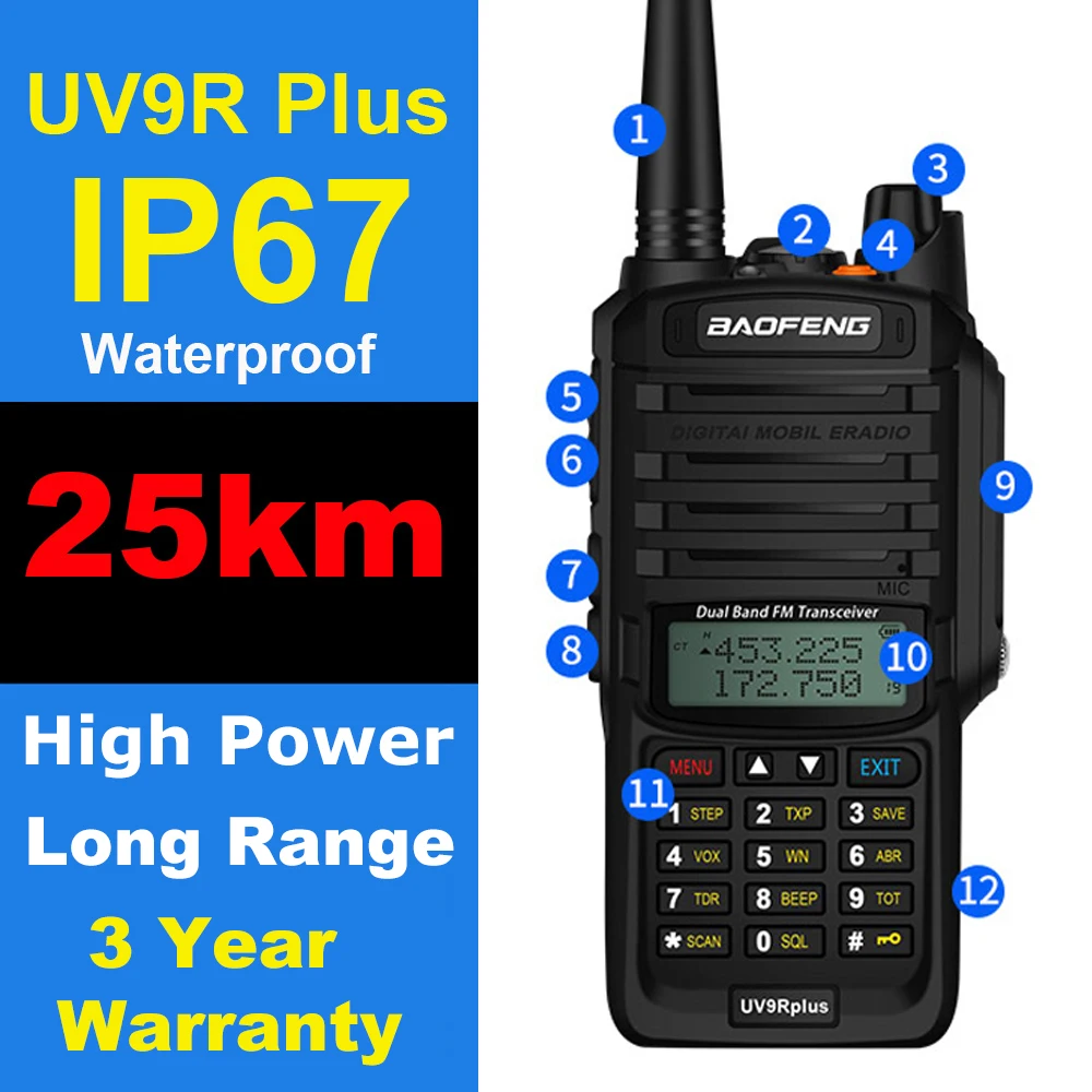 

Радиостанция Baofeng UV 9R Plus UHF VHF Двухдиапазонная, рация большого радиуса действия 30 км, Любительский радиопередатчик CB HF, трансивер UV9R Plus