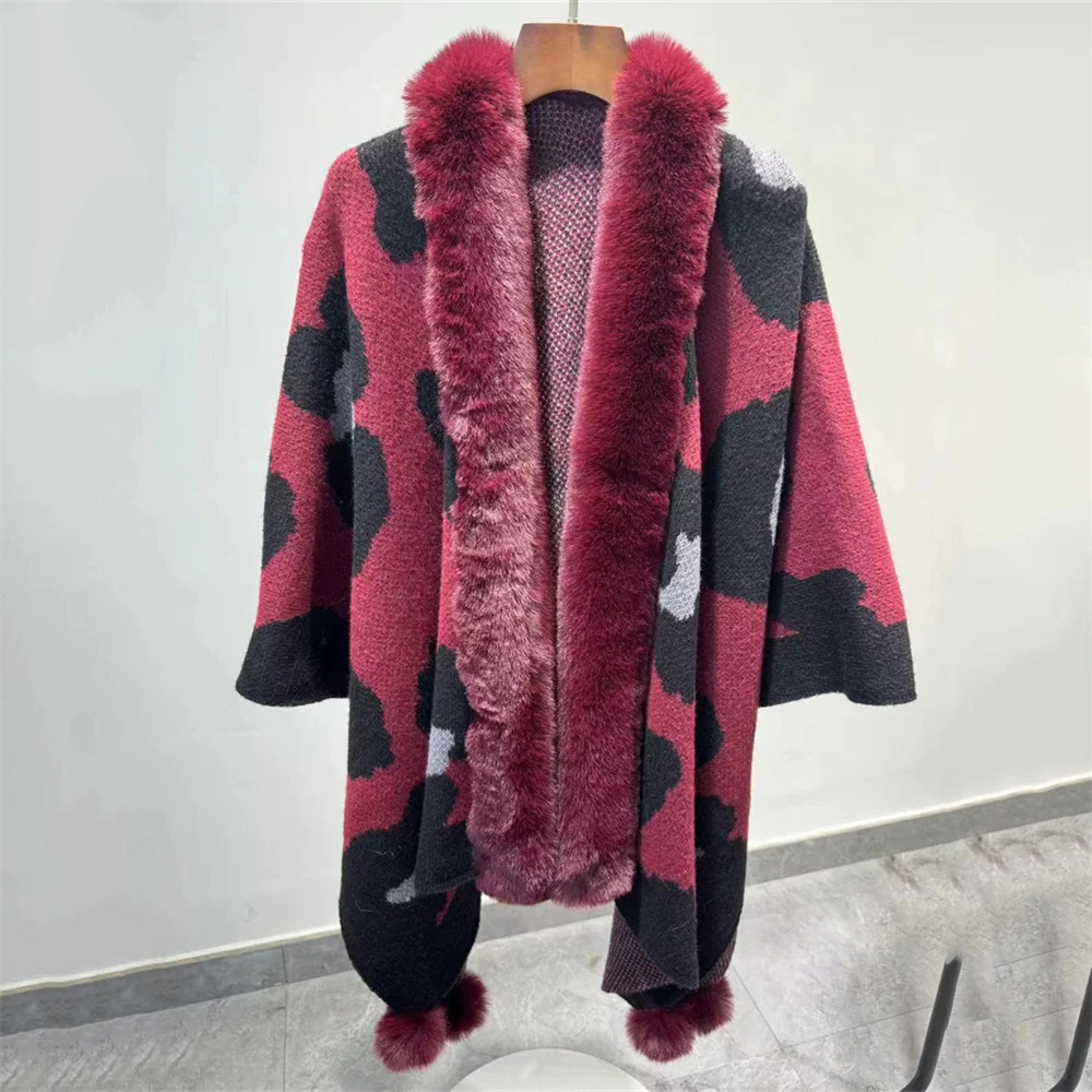 4 Colors Winter Warm Oversize Leopard Printed Long Poncho Capes Faux Fur Knitted Outstreet Shawl Cloak Women Wear Loose Overcoat