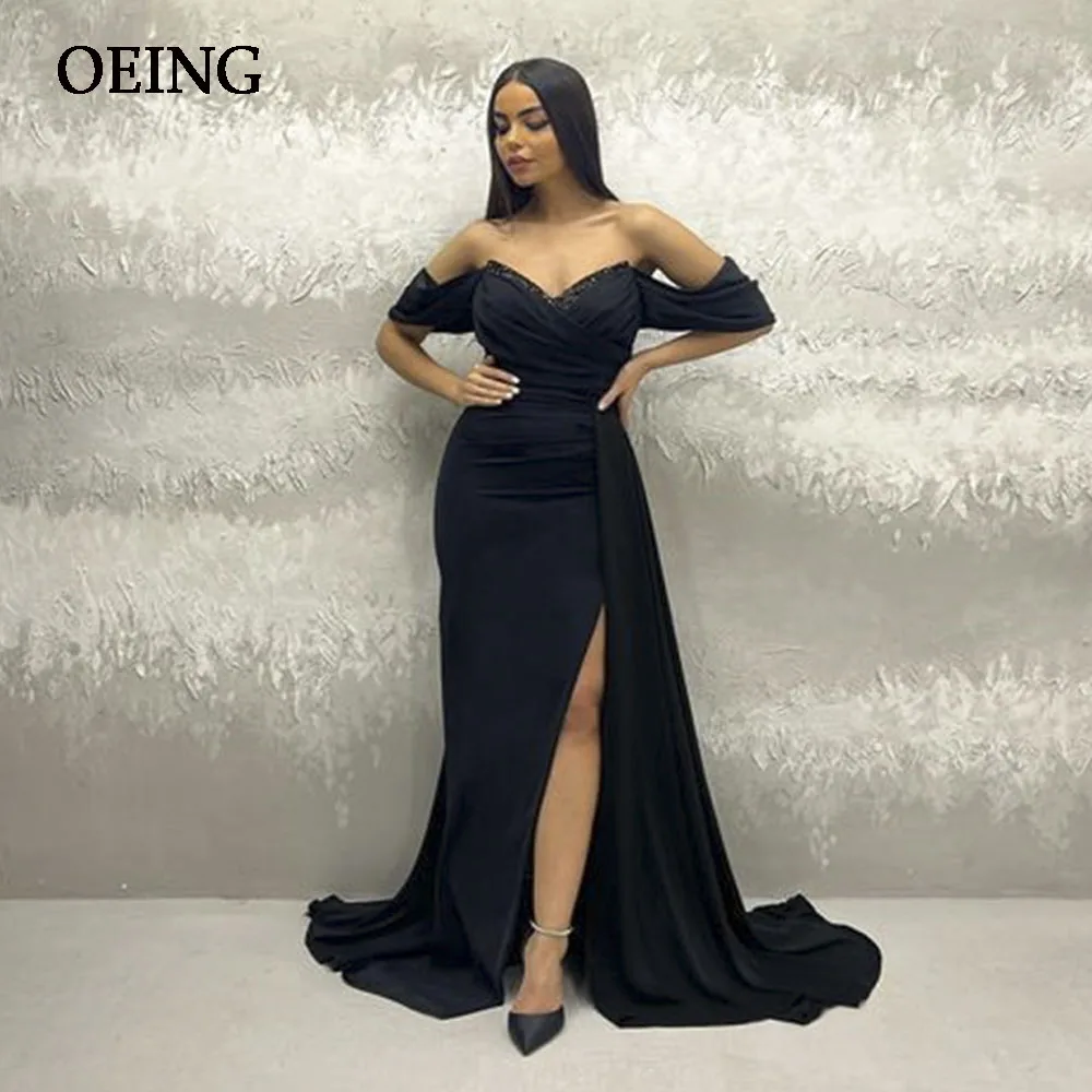 

OEING Elegant Black Off The Shoulder Evening Dress Pleated Prom Gown Floor Length Dresses Formal Occasion Vestidos De Fiesta
