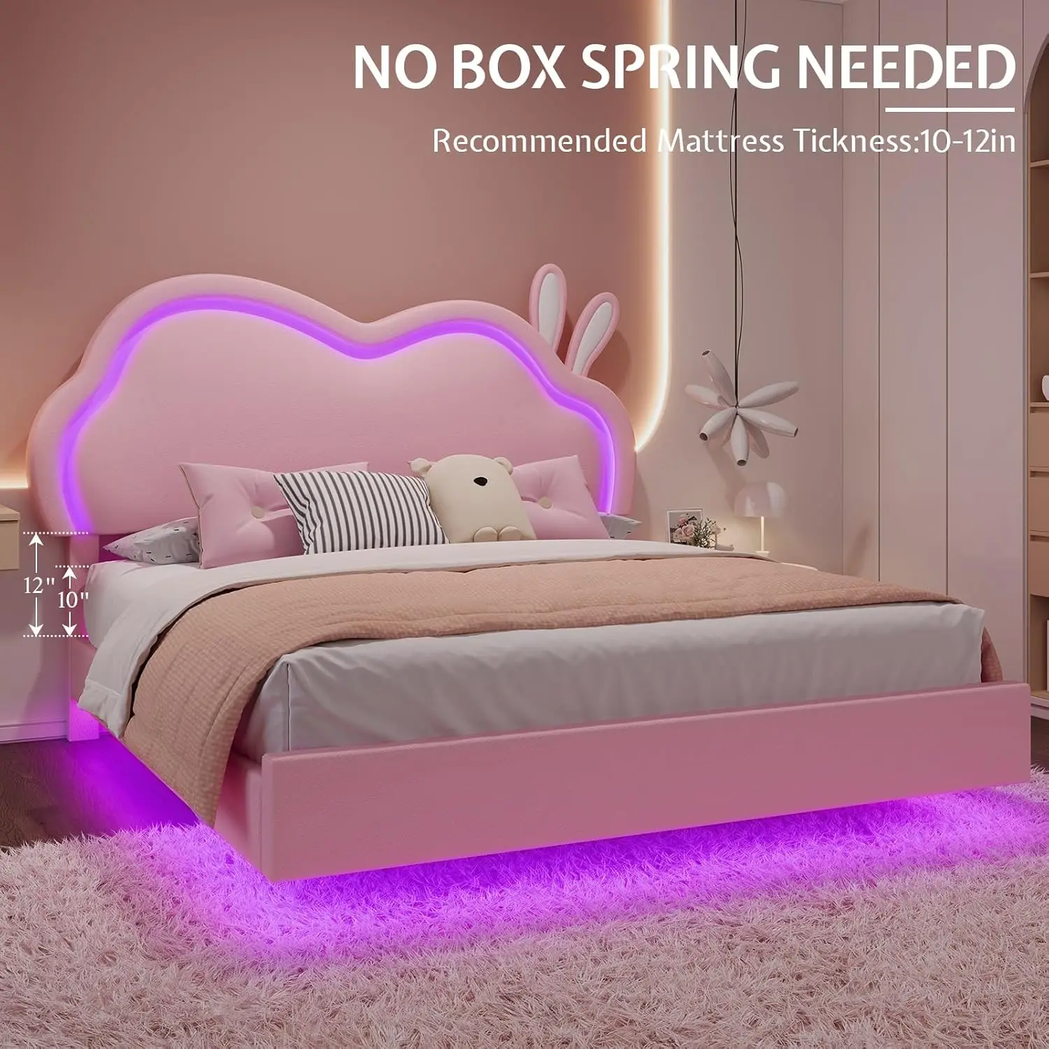 Floating Twin Bed Frame With Adjustable LED Headboard, Cute Leather Upholstered Platform Bed Frame With Wood Slats Support, Easy 产品图片 8