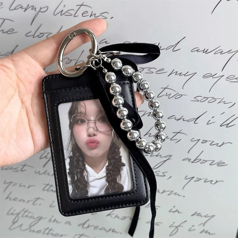 실버 PU 가죽 카드 홀더 3인치 사진 프레임 아이돌 소형 카드 디스플레이 소녀 ID 카드 보호 케이스 키체인 가방 펜던트