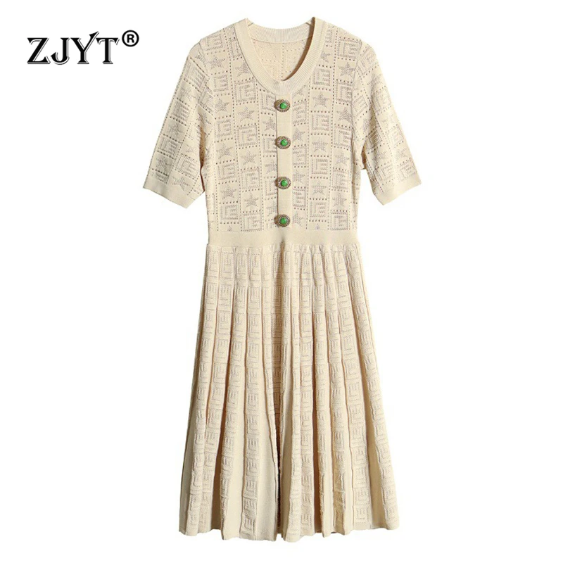 

ZJYT летние вязаные платья-свитера с вырезами для женщин модное трикотажное платье на пуговицах с коротким рукавом повседневное женское платье