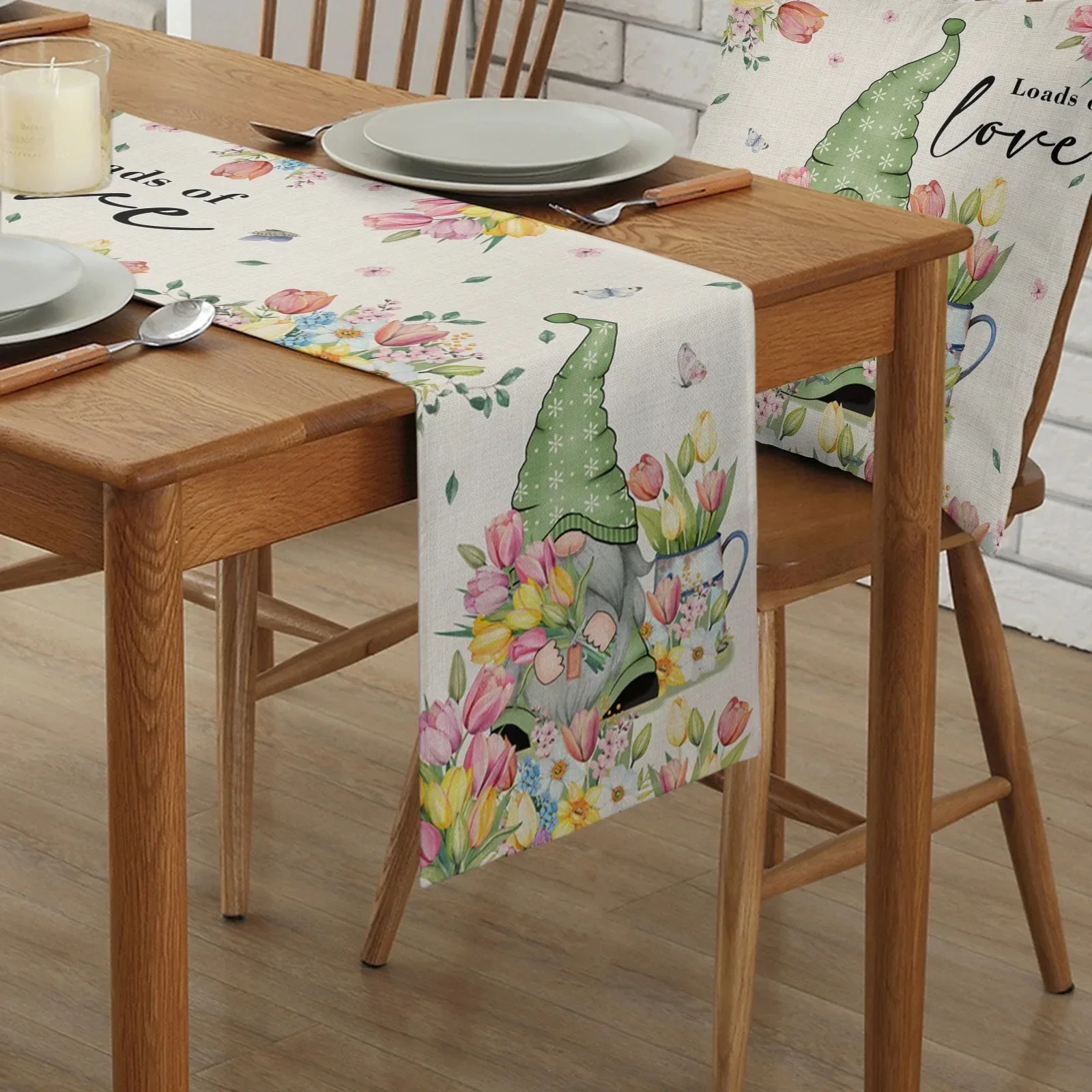 Spring Easter Tulip Gnome Linen Table Runners Holiday Party Decor Farmhouse Kitchen Dining Table Runners Easter Decoration 2024 2
