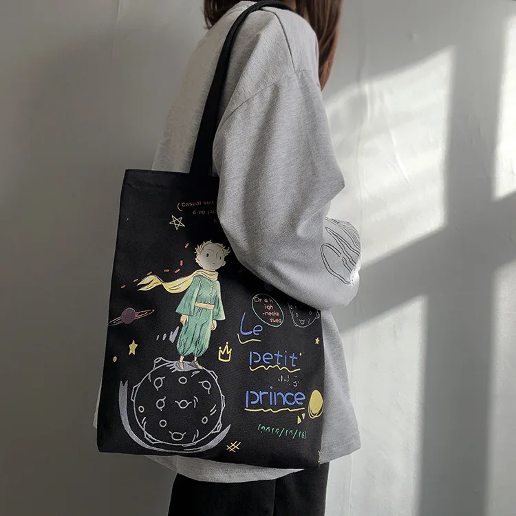

Canvas Student Bags Cartoon Little Prince Printing Sweet Women Single Shoulder Bags Ins Japanese Large Capacity Lady Handbags