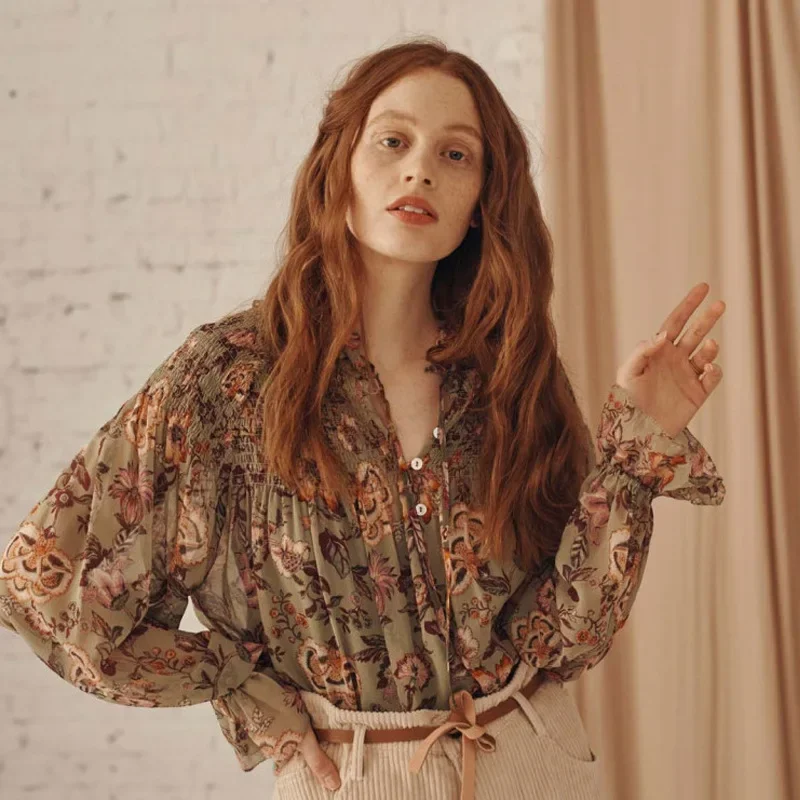 

2024 Spring Vintage Floral Ruffled Round Neck Lantern Long Sleeve Chiffon Shirt Blouse Women