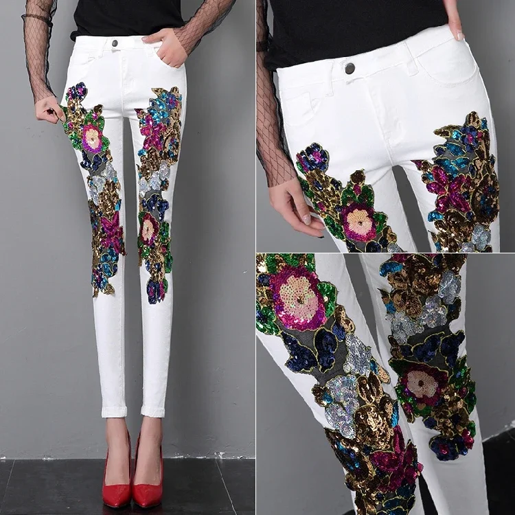 2024 Spring and Summer Women's Sequins White Denim Pants Slim All-match Basic Pencil Student Stretch Jeans Daily Street Trousers