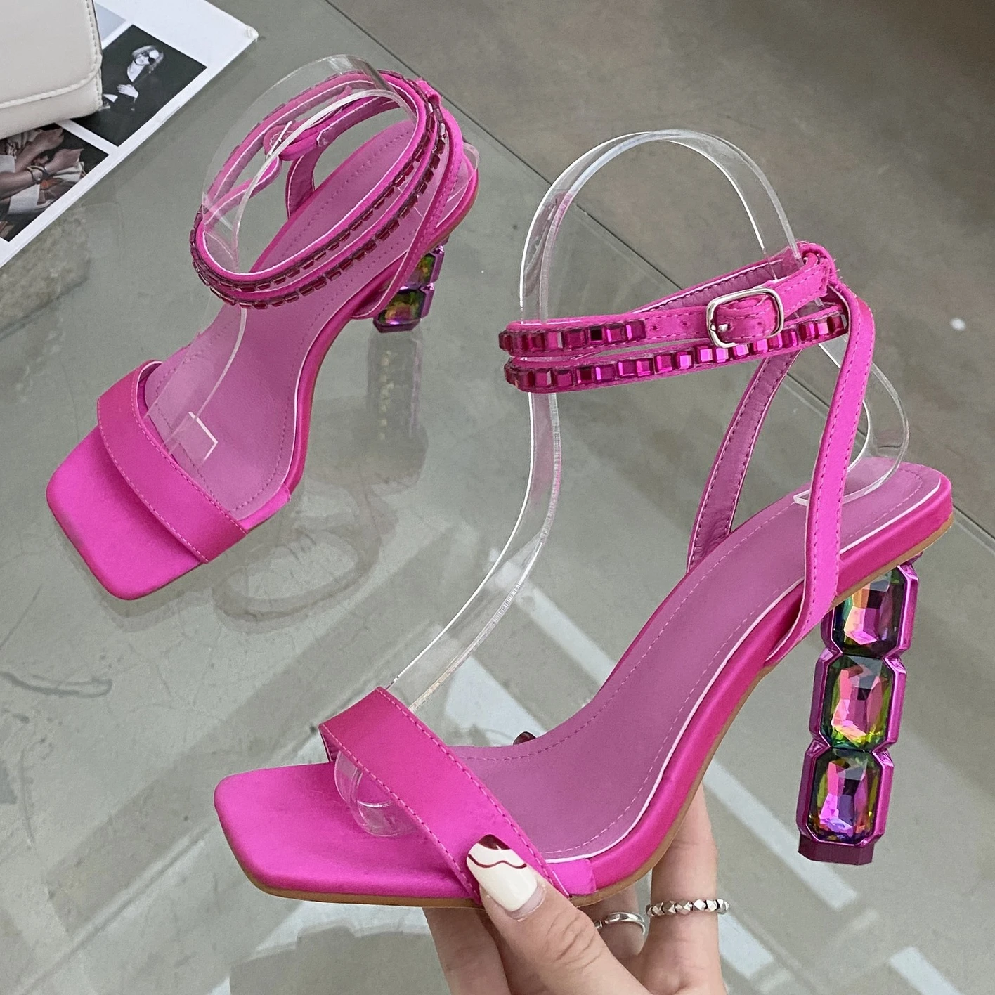 

Women's Shoes Cross-border Diamond Thick High-heeled Square Toe Buckle Strap Square Head Sandals for Women zapatos de mujer